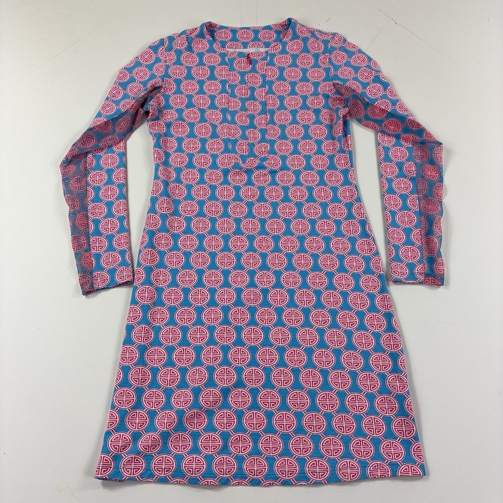 IBKUL Dress Womens XS Blue Pink Geometric Long Sleeve Zip Shift Casual Travel